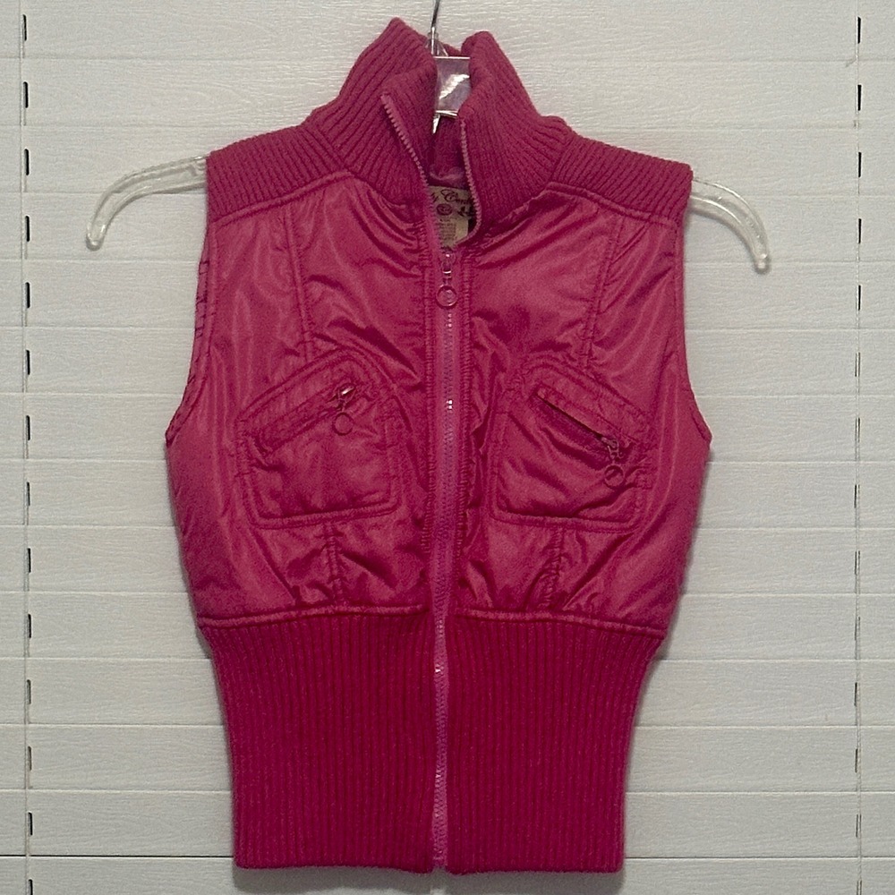 Body Central Womens Hot Pink Puffer Vest Ribbed Knit Trim Y2K Style Small 260082